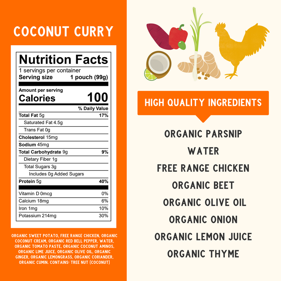 Indulge your baby's taste buds with our delectable Coconut Curry with Chicken baby food, a delightful blend of creamy coconut milk, chicken, & aromatic spices.