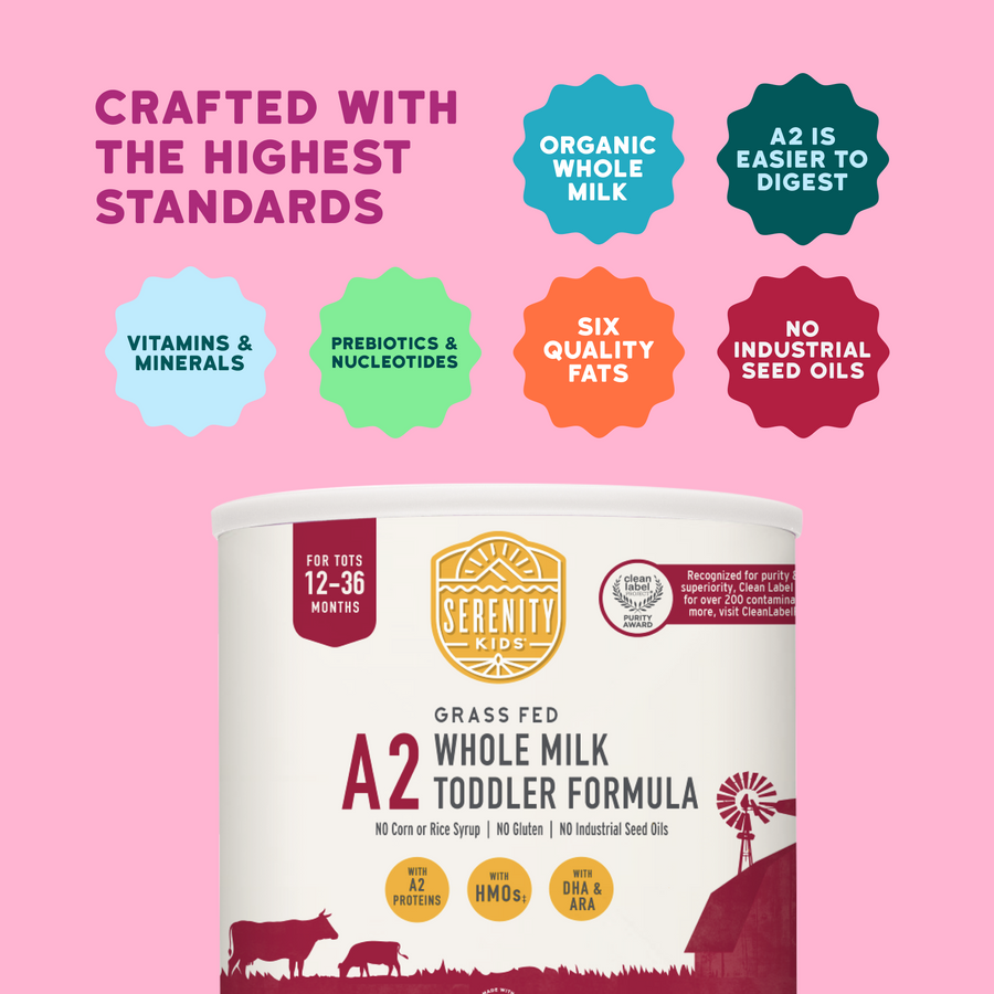 Serenity Kids Grass Fed A2 Whole Milk Toddler Formula container with pink background and feature points.