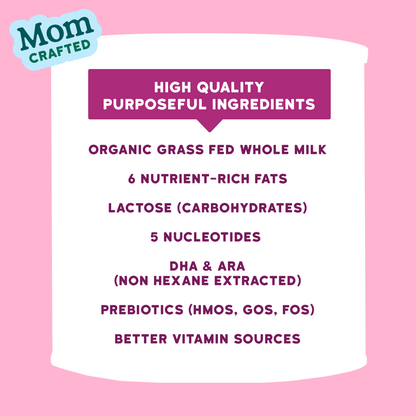 List of high-quality toddler A2 formula ingredients on a product label with a pink background