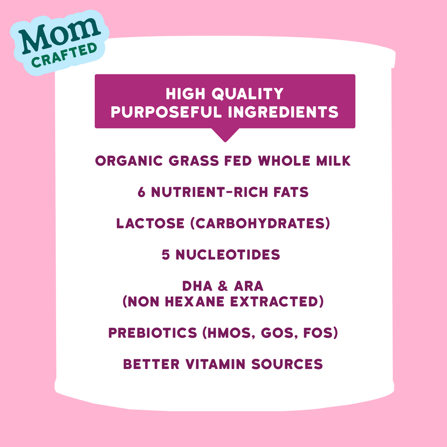 List of high-quality toddler A2 formula ingredients on a product label with a pink background