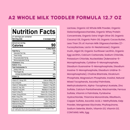 Nutrition facts label for A2 Whole Milk Toddler Formula on a pink background