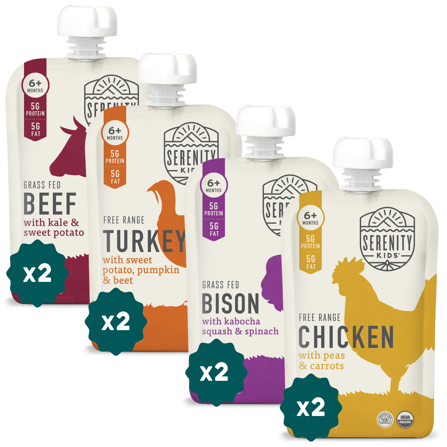 Four Serenity Kids food pouches illustrations on a white background