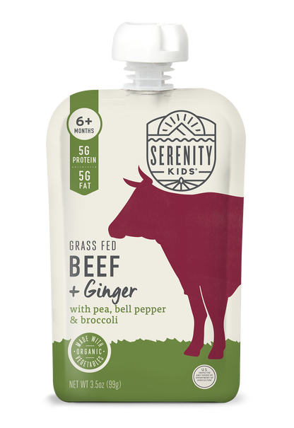 Serenity Kids grass-fed beef and ginger pouch on a white background