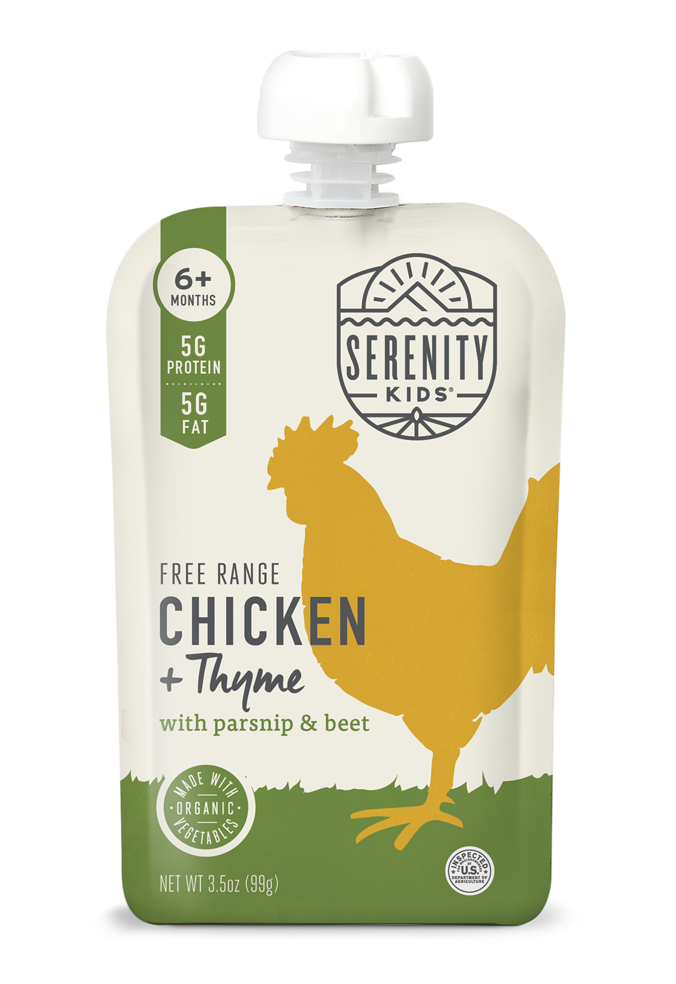 Serenity Kids free range chicken and thyme baby food pouch on a white background