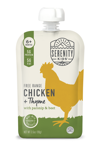 Serenity Kids free range chicken and thyme baby food pouch on a white background