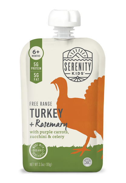 Serenity Kids free range turkey and rosemary baby food pouch on a white background