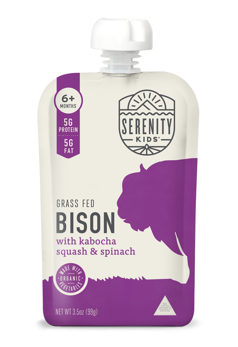 Serenity Kids grass fed bison with kabocha squash & spinach pouch on a white background