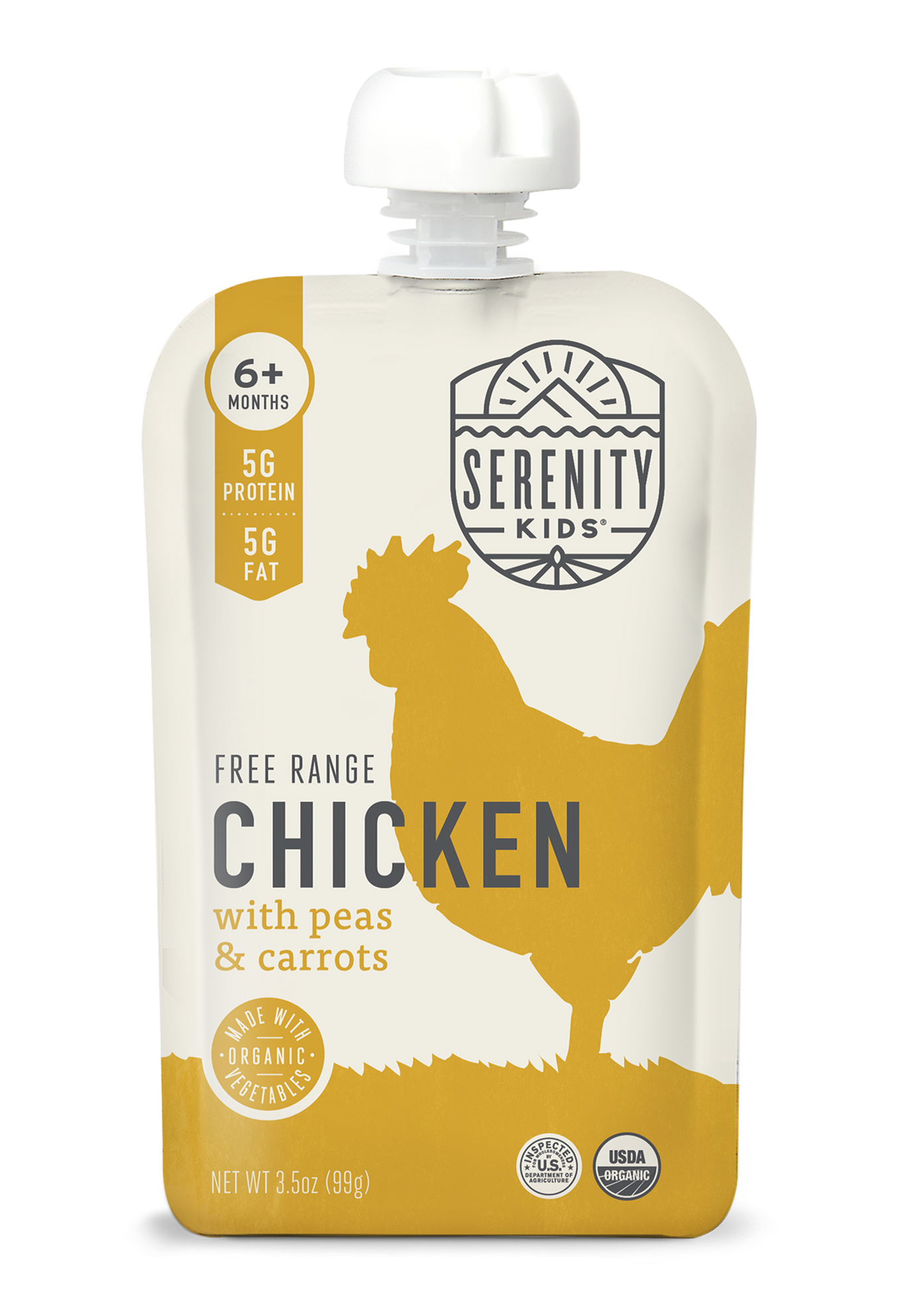 Serenity Kids free range chicken with peas and carrots food pouch on a white background