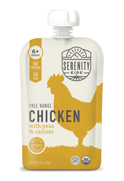 Serenity Kids free range chicken with peas and carrots food pouch on a white background