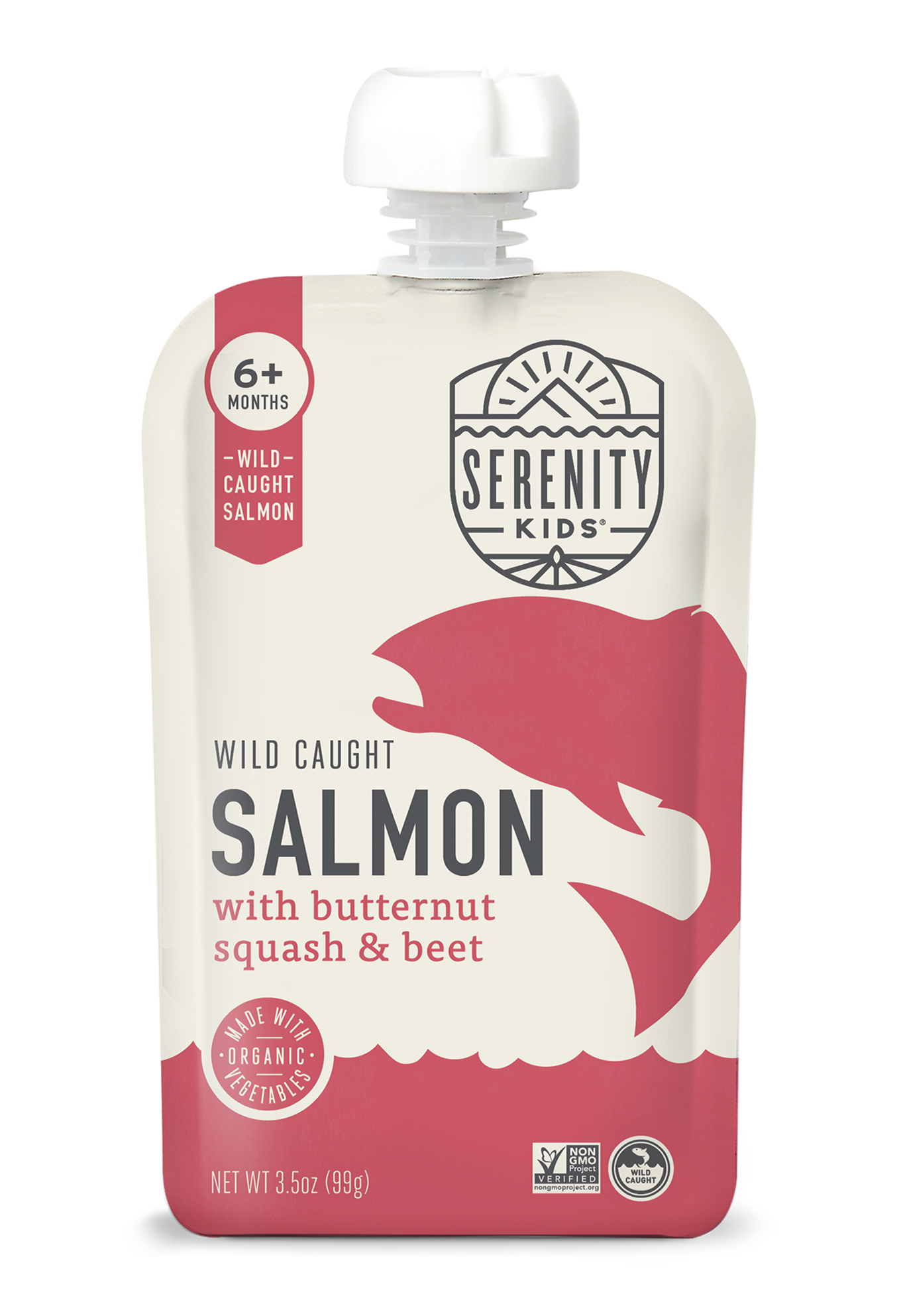 Serenity Kids salmon with butternut squash and beet pouch on a white background