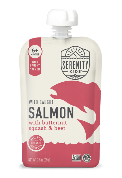 Serenity Kids salmon with butternut squash and beet pouch on a white background