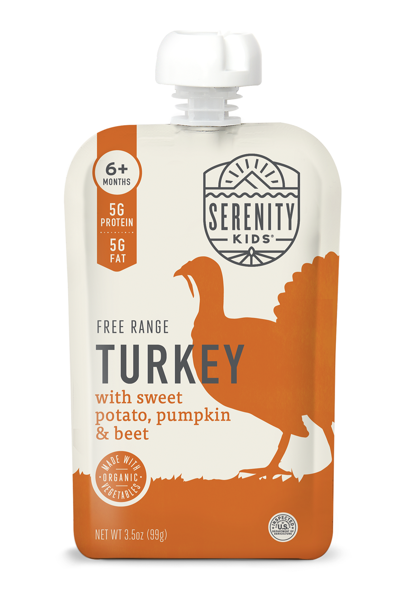 Serenity Kids free range turkey pouch with sweet potato, pumpkin, and beef on a white background