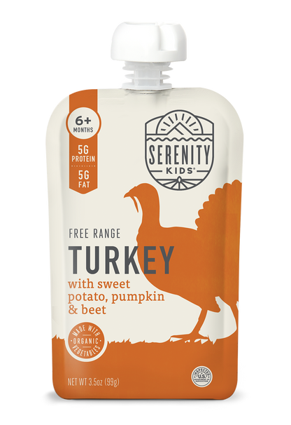 Serenity Kids free range turkey pouch with sweet potato, pumpkin, and beef on a white background