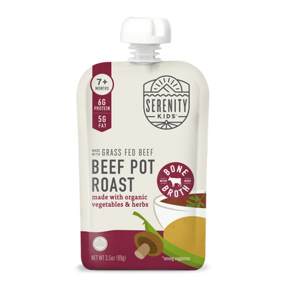 Serenity Kids beef pot roast baby food pouch on a white background