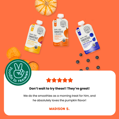 Smoothie pouches on an orange background with a five-star rating and customer review.