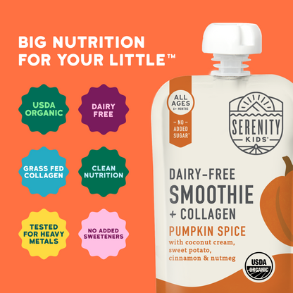 Serenity Kids Dairy-Free Smoothie + Collagen Pumpkin Spice pouch on an orange background with product features listed.