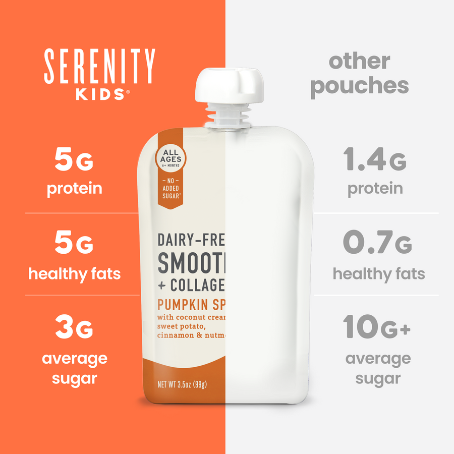Serenity Kids pouch with comparison information on an orange and gray background