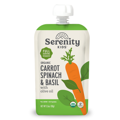 Serenity Kids Organic Carrot Spinach & Basil baby food pouch with olive oil, 