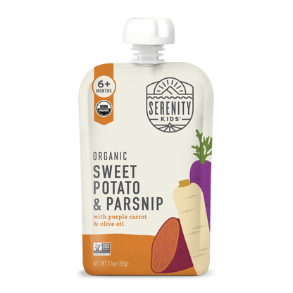 Serenity Kids organic sweet potato and parsnip puree packaging on a white background