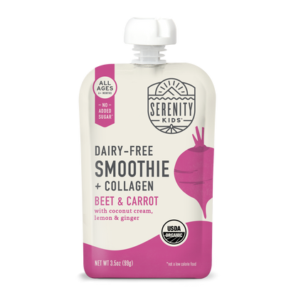 Serenity Kids dairy-free smoothie pouch with beet and carrot flavor on a white background