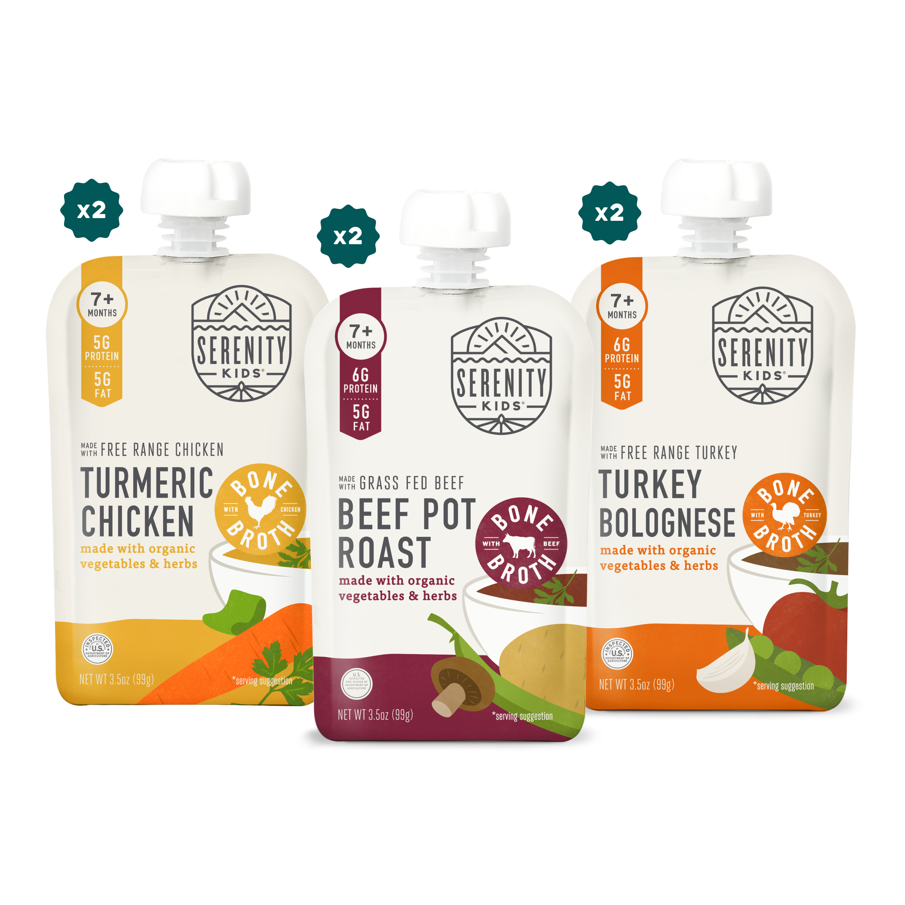 Three Serenity Kids food pouches Turmeric Chicken, Beef Pot Roast and Turkey Bolognese on a white background