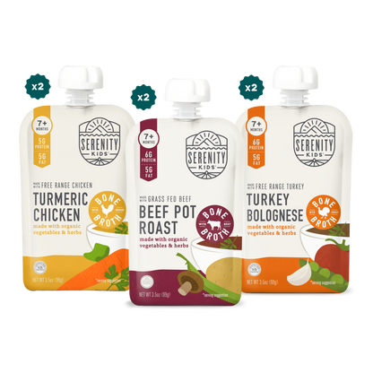Three Serenity Kids food pouches Turmeric Chicken, Beef Pot Roast and Turkey Bolognese on a white background