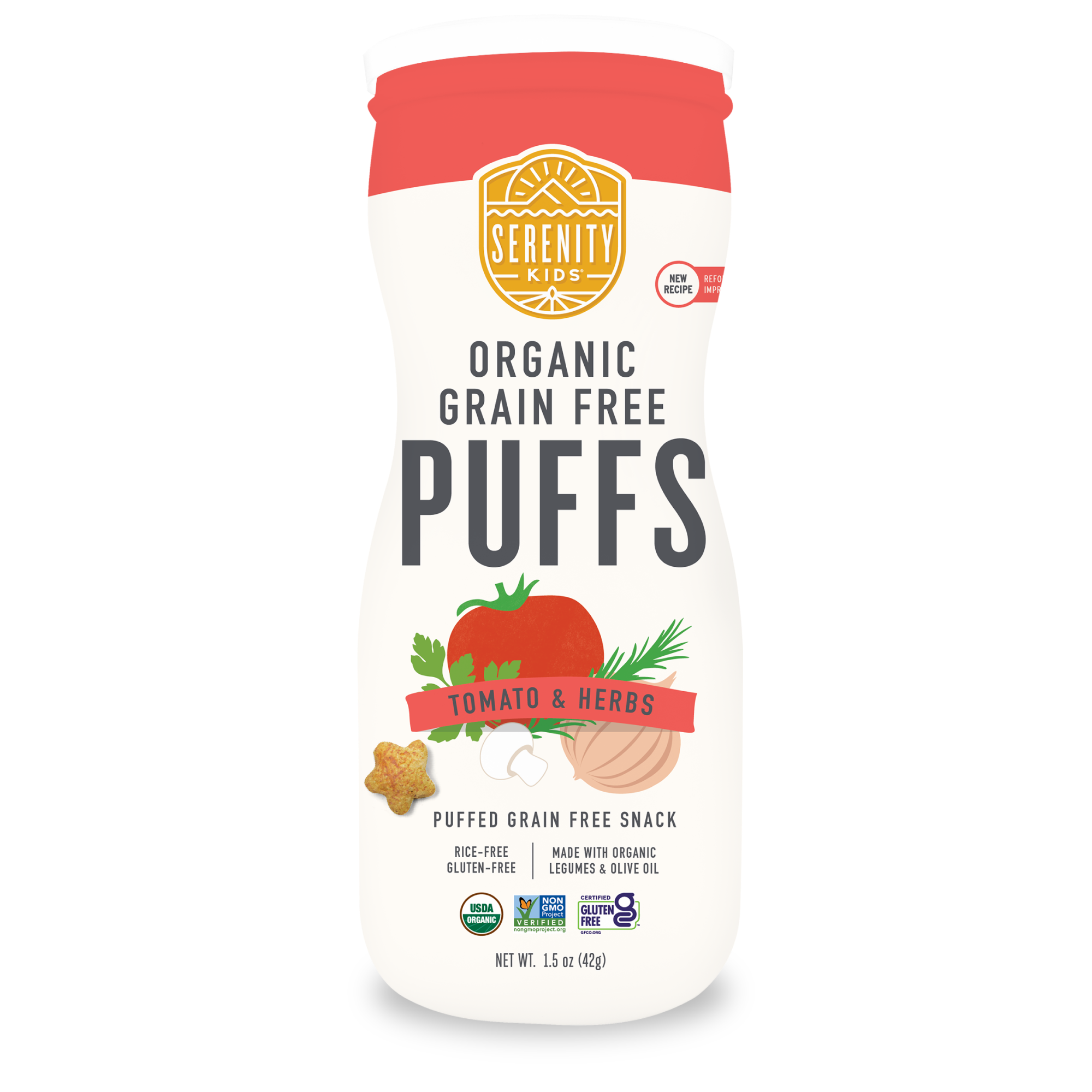 Serenity Kids Organic Grain Free Puffs container with tomato and herbs flavor on a white background