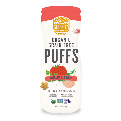 Serenity Kids Organic Grain Free Puffs container with tomato and herbs flavor on a white background