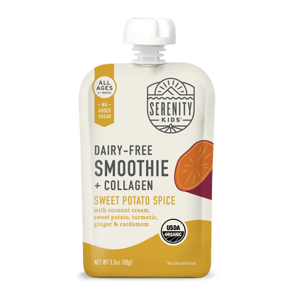 Serenity Kids dairy-free smoothie pouch with sweet potato spice flavor on a white background