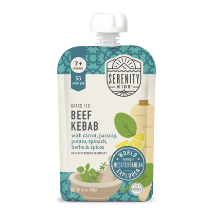 Serenity Kids beef kebab pouch on a white background