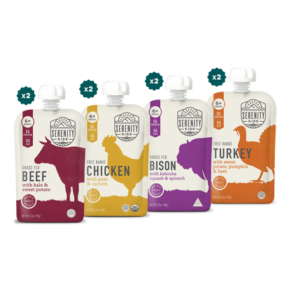 Four Serenity Kids food pouches illustrations on a white background