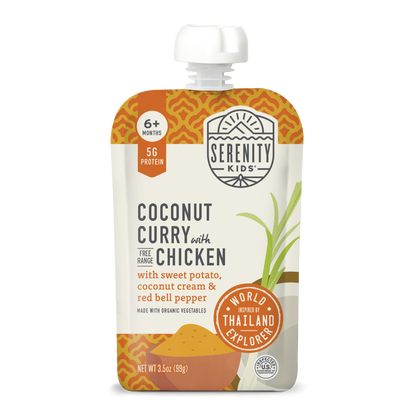 Serenity Kids coconut curry with chicken baby food pouch on a white background