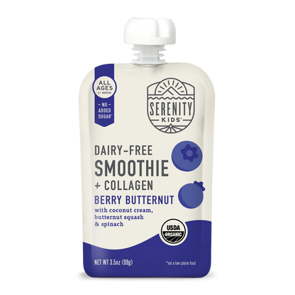Serenity Kids berry butternut smoothie pouch on a white background