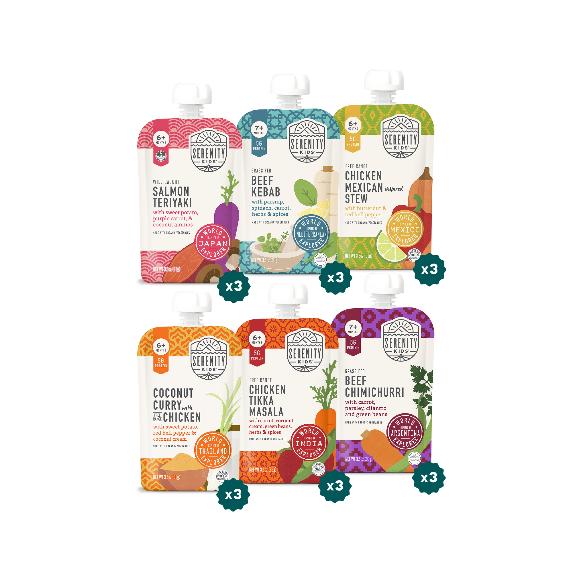 World Explorer Serenity baby food pouches on a white background 
