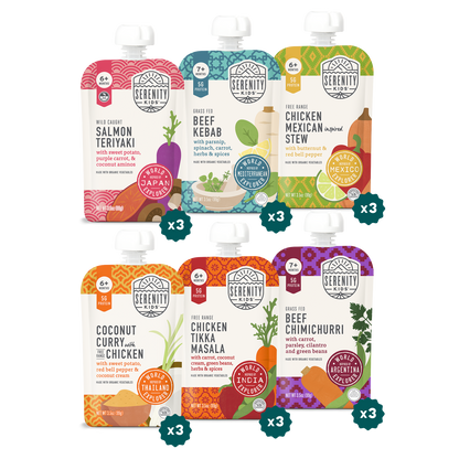 World Explorer Serenity baby food pouches on a white background 