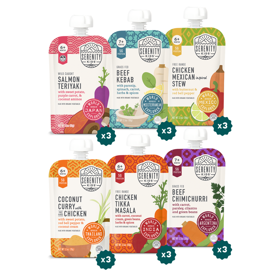 World Explorer Serenity baby food pouches on a white background 