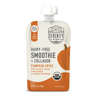 Serenity Kids pumpkin spice smoothie pouch on a white background