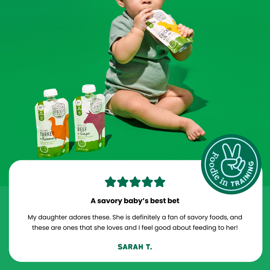 Child holding a baby food pouch with products and a review on a green background
