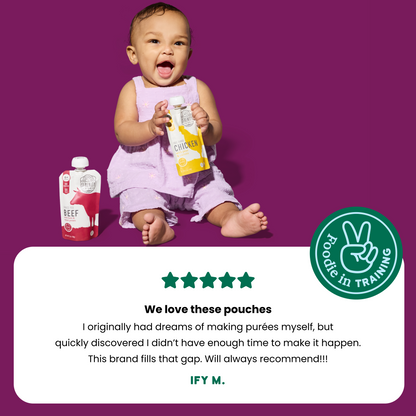 Baby holding a food pouch with text and brand logo on a purple background with customer review 