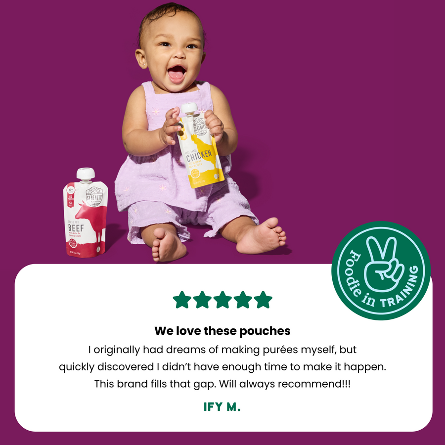 Baby holding a food pouch with text and brand logo on a purple background with customer review 