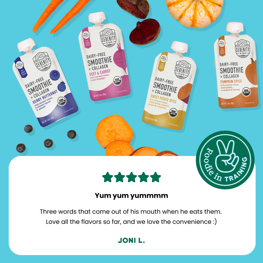 Four dairy-free smoothie pouches with a blue background and a five-star rating from JONI L.