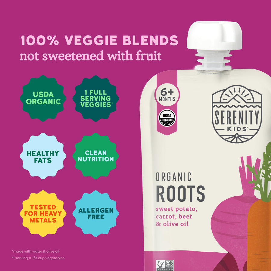 Serenity Kids Organic Roots packaging on a pink background with branding and product information.