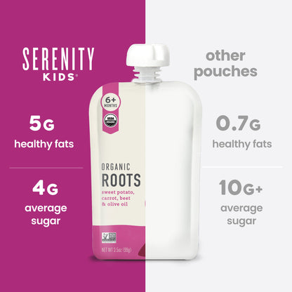 Serenity Kids Organic Roots pouch with comparison information on a split purple and white background