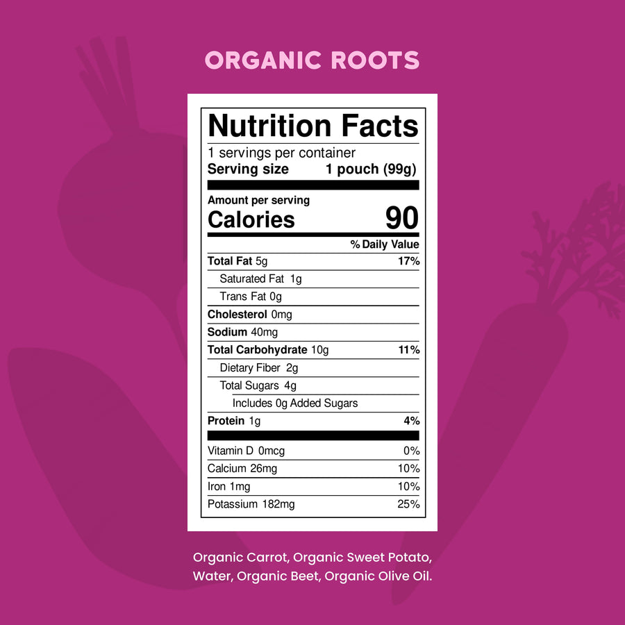 Nutrition facts label for Organic Roots on a pink background with carrot and sweet potato silhouettes.