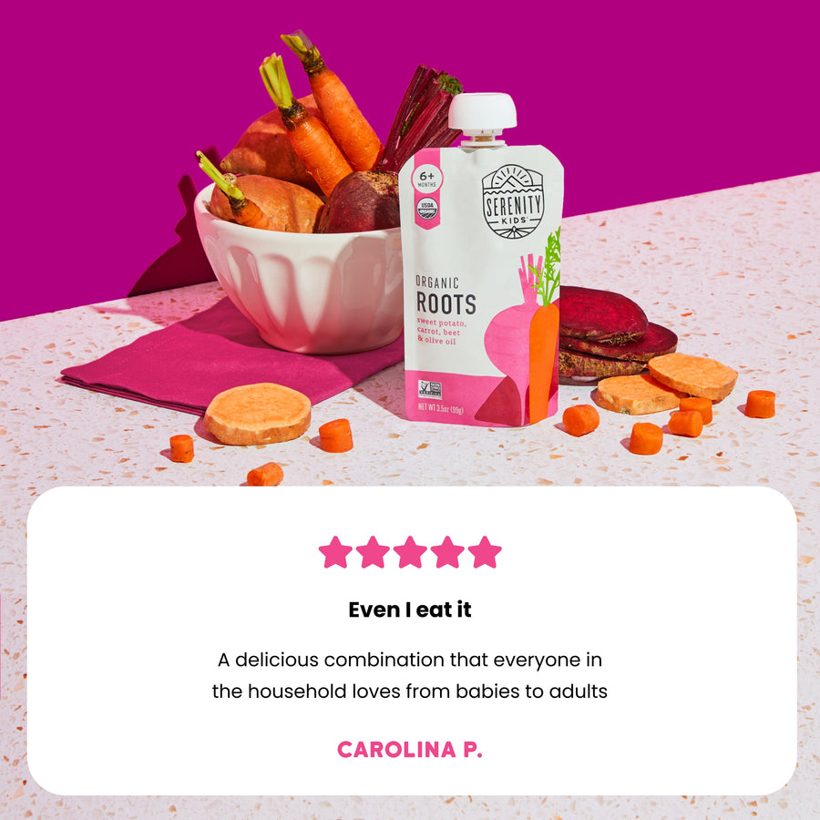 Bowl of vegetables with 'Organic Roots' baby food pouch with a customer review on a pink and white background