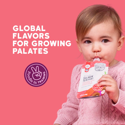 Child holding a baby food package with text 'Global Flavors for Growing Palates' on a pink background