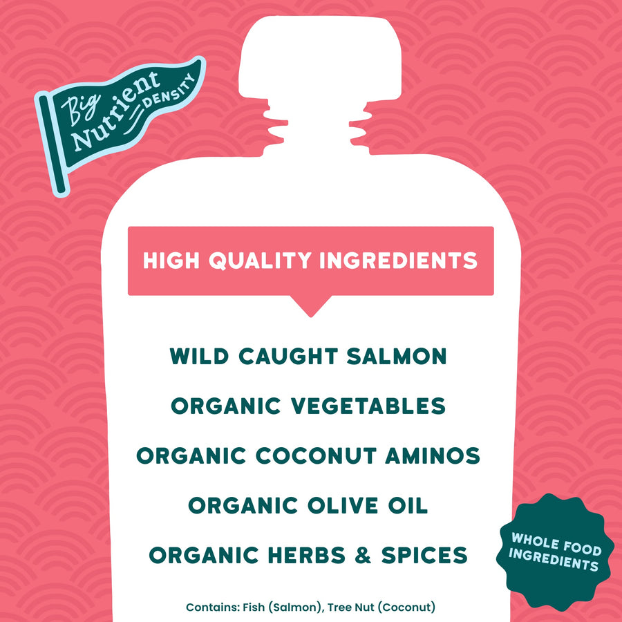 Salmon Teriyaki Product packaging with ingredients listed on a pink background