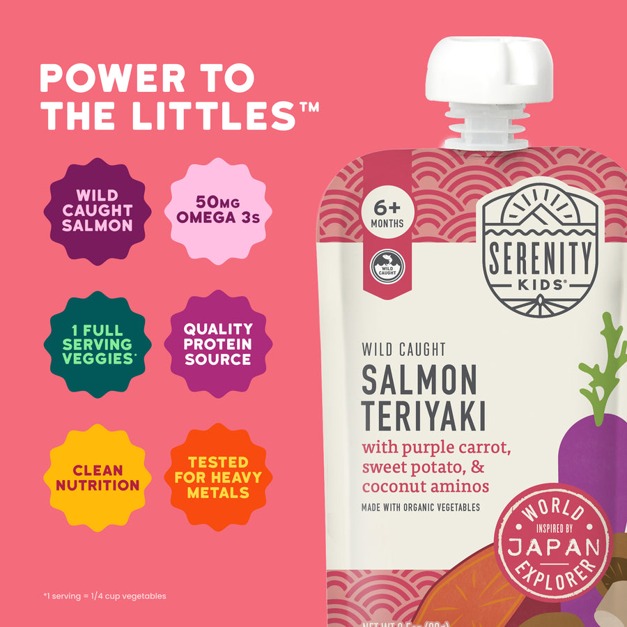 Serenity Kids Salmon Teriyaki pouch with benefits on a pink background