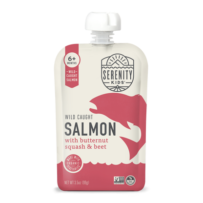 Serenity Kids salmon with butternut squash and beet pouch on a white background