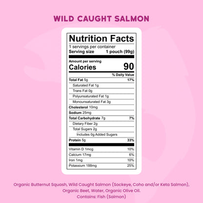 Nutrition facts label for wild caught salmon on a pink background